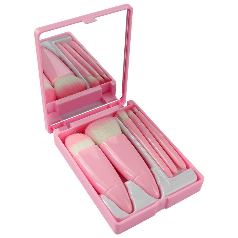 Mini Espelho Portátil Com 5 Pcs Pincéis De Maquiagem Rosa Dobrável